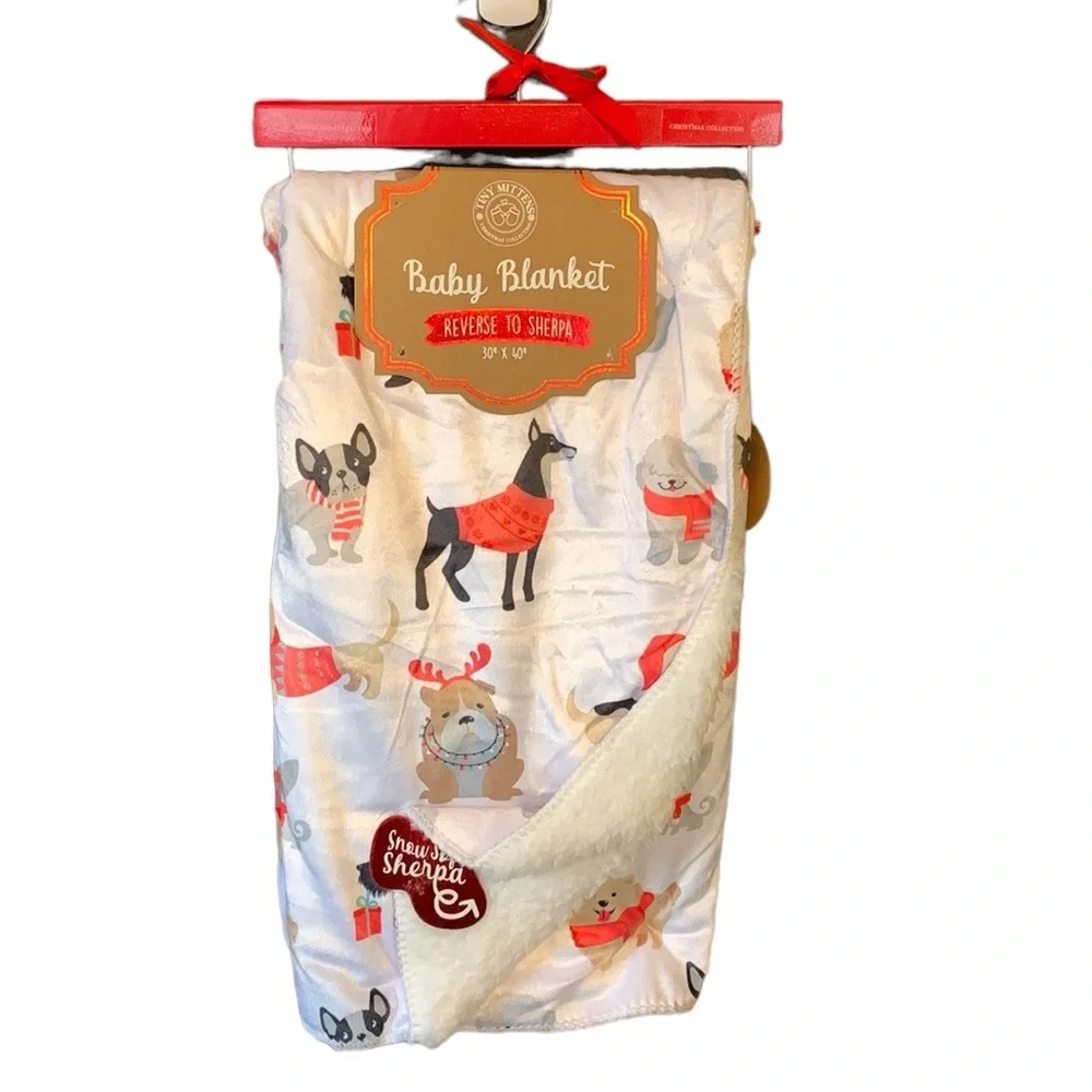 Tiny Mittens Puppy Days of Winter Holiday Reversible Sherpa Baby Blanket